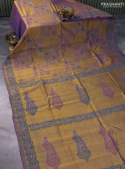 Silk cotton block printed saree mehendi green and dual shade of violet with butta prints and printed border