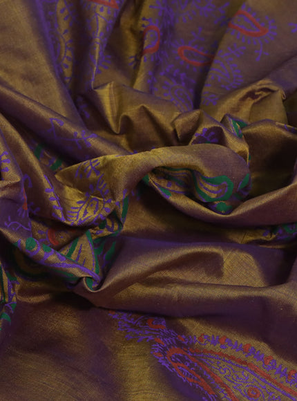 Silk cotton block printed saree mehendi green and dual shade of violet with butta prints and printed border