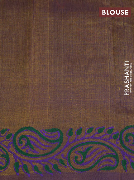 Silk cotton block printed saree mehendi green and dual shade of violet with butta prints and printed border