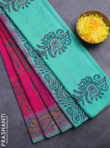 Silk cotton block printed saree pink and teal green with allover prints and printed border