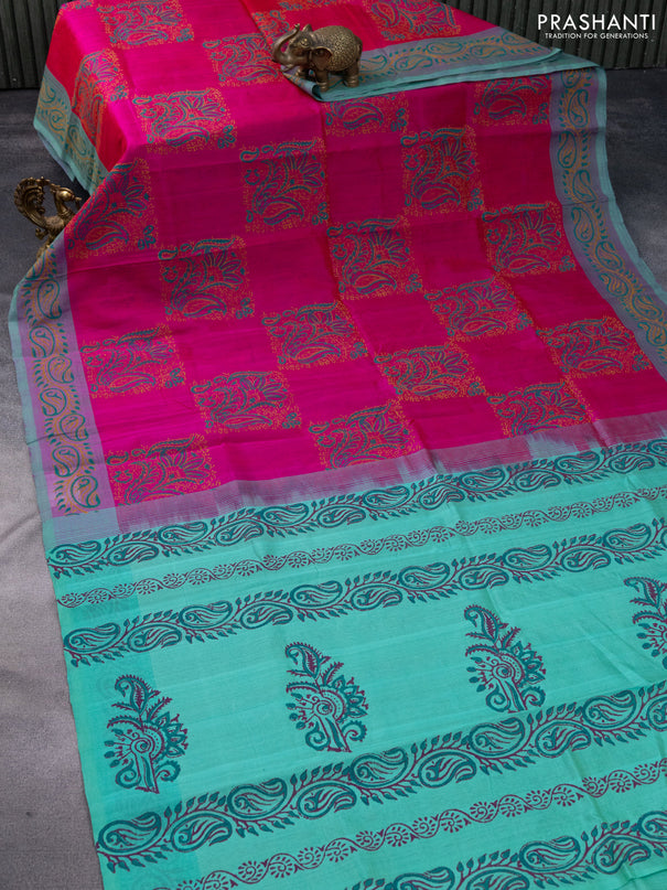 Silk cotton block printed saree pink and teal green with allover prints and printed border