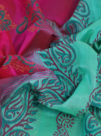 Silk cotton block printed saree pink and teal green with allover prints and printed border