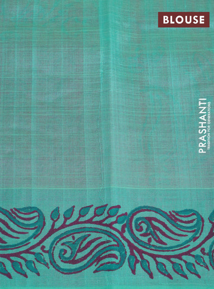 Silk cotton block printed saree pink and teal green with allover prints and printed border