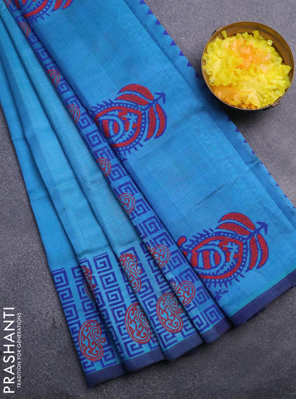 Silk cotton block printed saree dual shade of blue and dark blue with butta prints and printed border