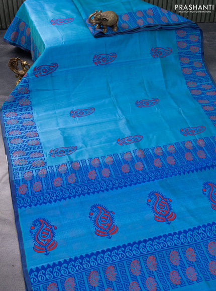 Silk cotton block printed saree dual shade of blue and dark blue with butta prints and printed border