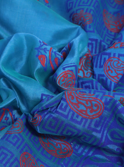 Silk cotton block printed saree dual shade of blue and dark blue with butta prints and printed border