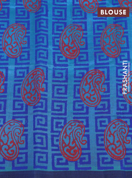 Silk cotton block printed saree dual shade of blue and dark blue with butta prints and printed border