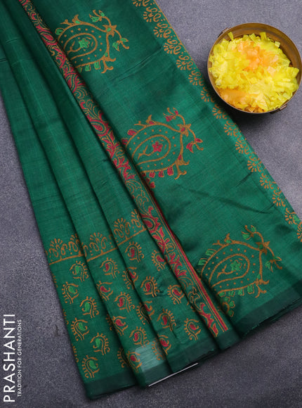 Silk cotton block printed saree green with butta prints and printed border