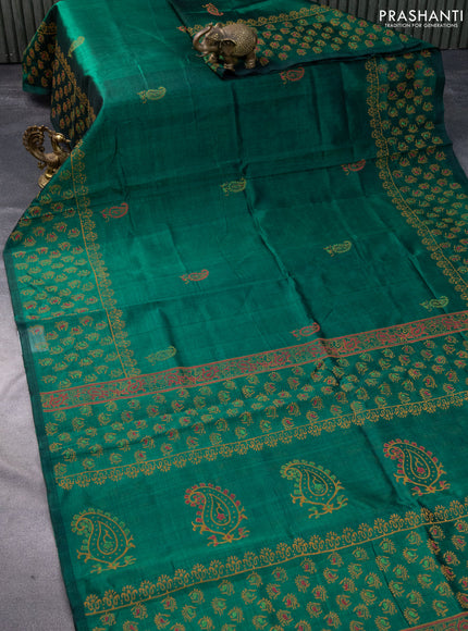 Silk cotton block printed saree green with butta prints and printed border