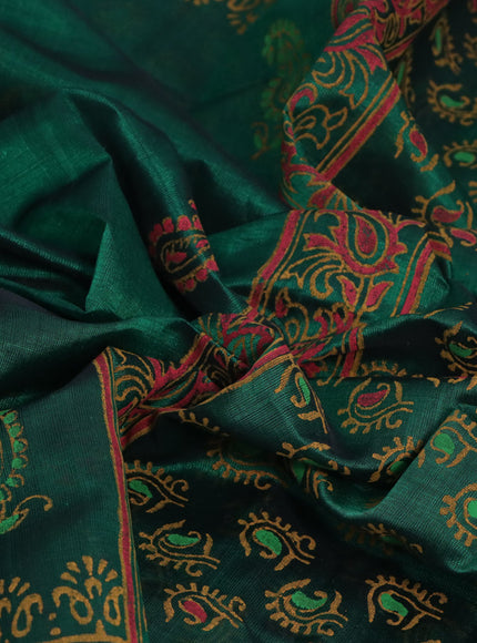 Silk cotton block printed saree green with butta prints and printed border