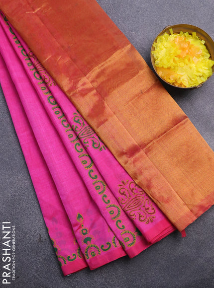 Silk cotton block printed saree dual shade of pink with allover prints and printed border