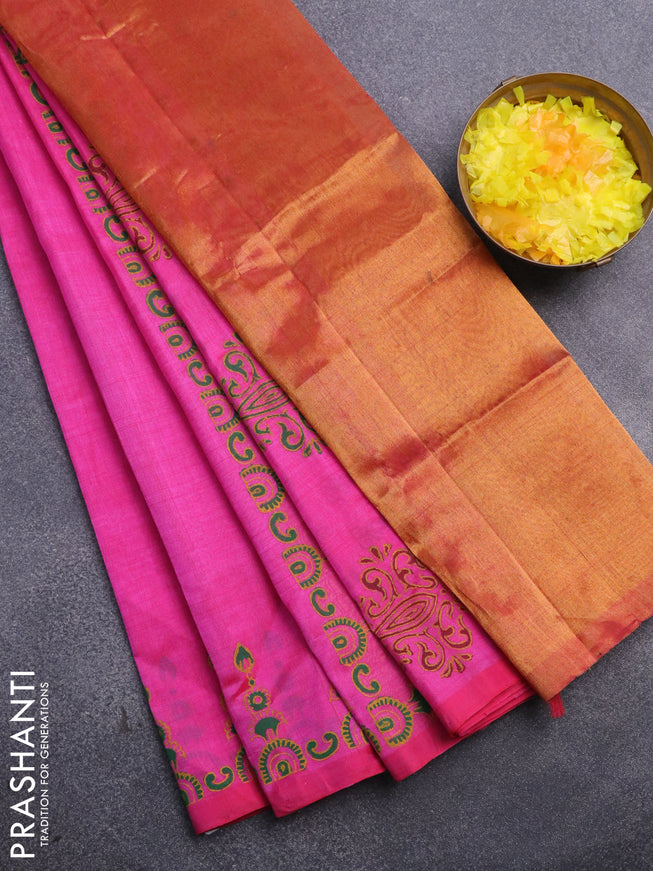 Silk cotton block printed saree dual shade of pink with allover prints and printed border