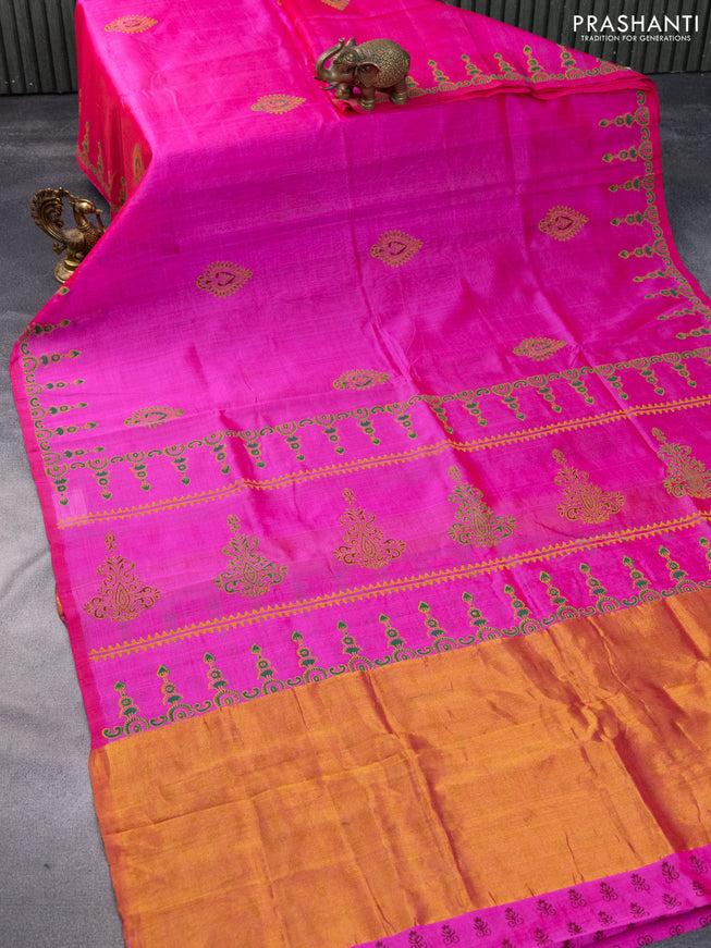 Silk cotton block printed saree dual shade of pink with allover prints and printed border