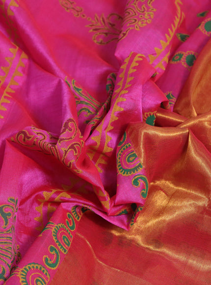 Silk cotton block printed saree dual shade of pink with allover prints and printed border