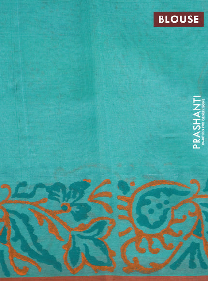 Silk cotton block printed saree teal blue and orange with allover prints and printed border