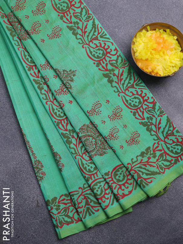 Silk cotton block printed saree dual shade of green with butta prints and printed border