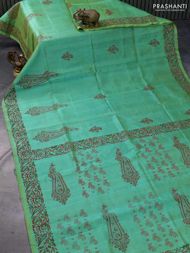 Silk cotton block printed saree dual shade of green with butta prints and printed border