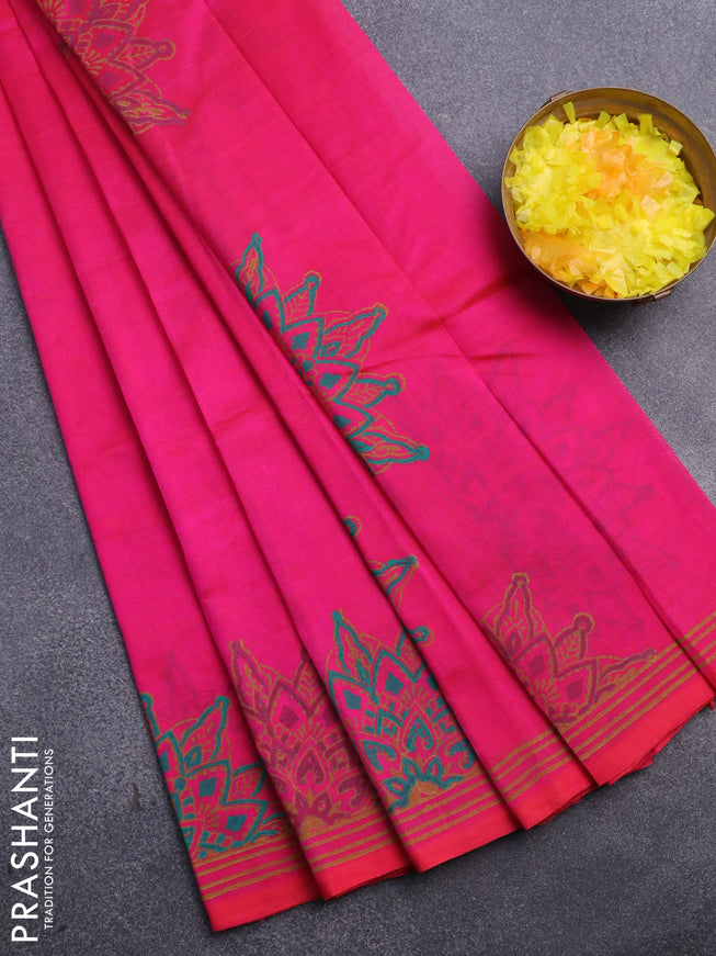 Silk cotton block printed saree dual shade of pink with butta prints and printed border