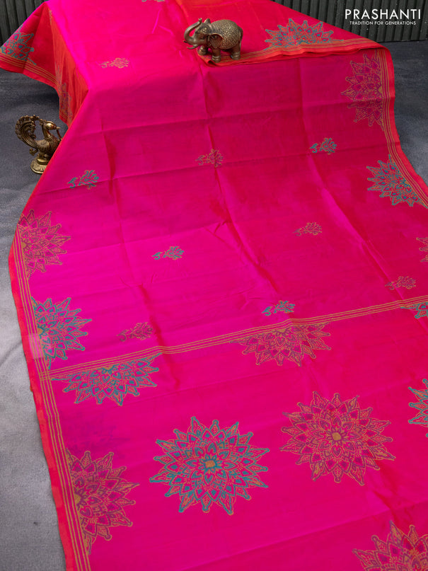 Silk cotton block printed saree dual shade of pink with butta prints and printed border