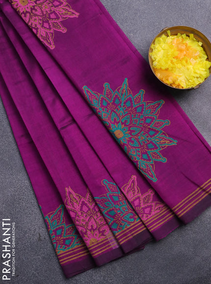 Silk cotton block printed saree purple with butta prints and printed border