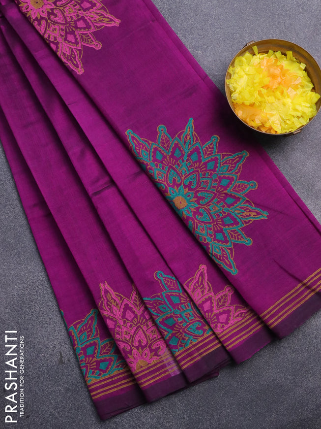 Silk cotton block printed saree purple with butta prints and printed border