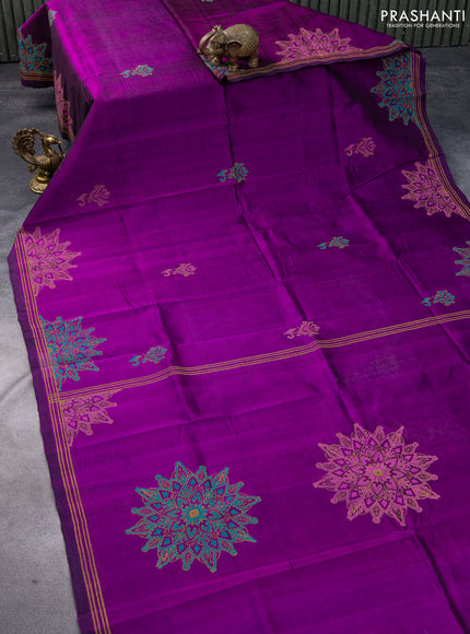 Silk cotton block printed saree purple with butta prints and printed border