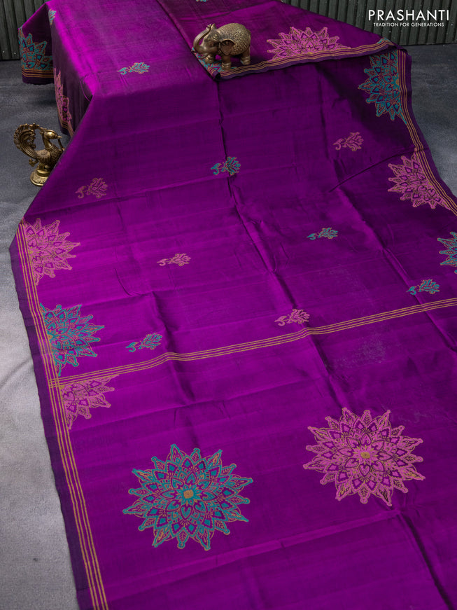 Silk cotton block printed saree purple with butta prints and printed border