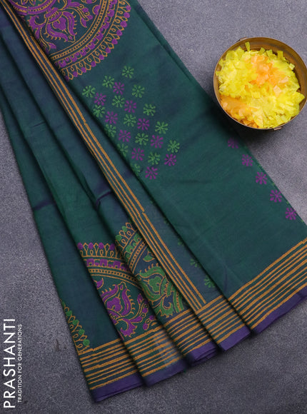 Silk cotton block printed saree dual shade of greenish violet with butta prints and printed border