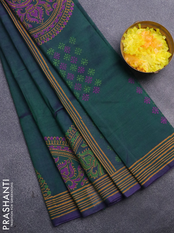 Silk cotton block printed saree dual shade of greenish violet with butta prints and printed border