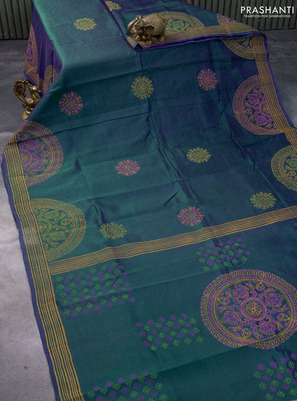 Silk cotton block printed saree dual shade of greenish violet with butta prints and printed border