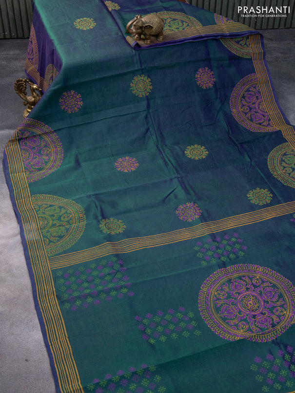 Silk cotton block printed saree dual shade of greenish violet with butta prints and printed border