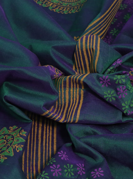 Silk cotton block printed saree dual shade of greenish violet with butta prints and printed border