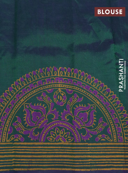 Silk cotton block printed saree dual shade of greenish violet with butta prints and printed border