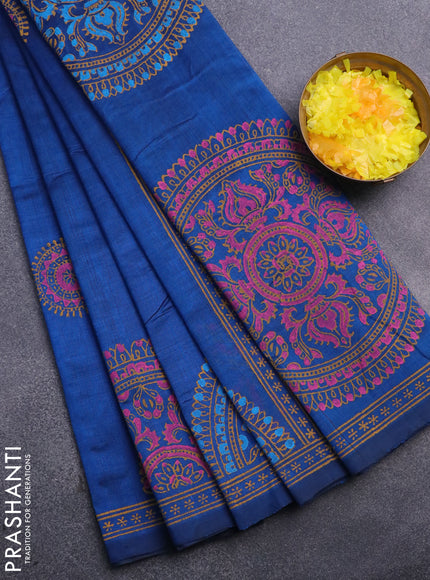 Silk cotton block printed saree peacock blue with butta prints and printed border