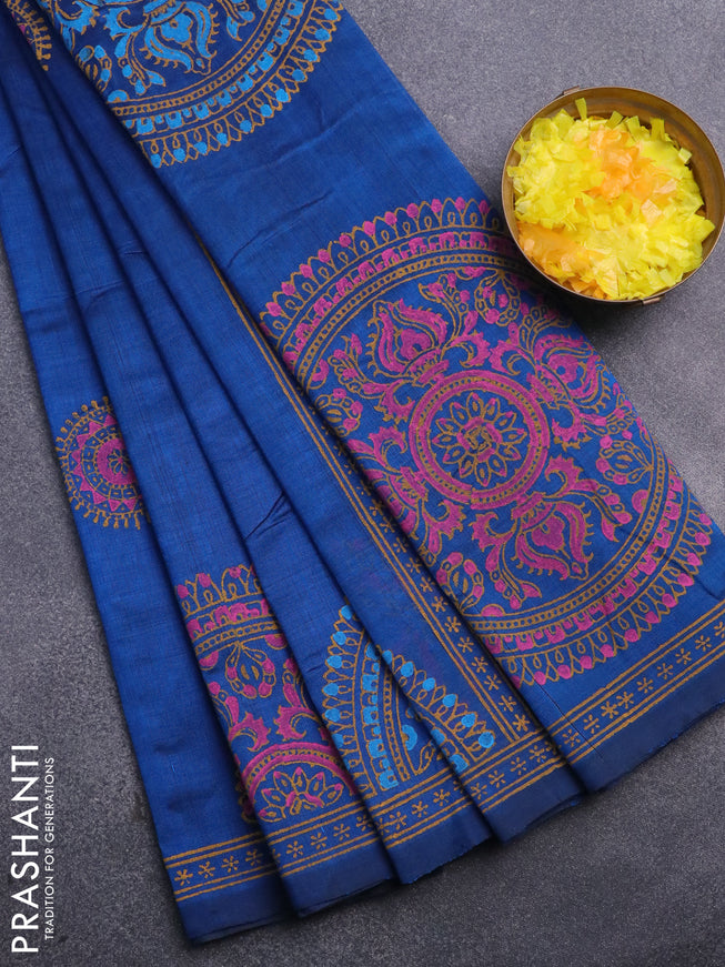 Silk cotton block printed saree peacock blue with butta prints and printed border