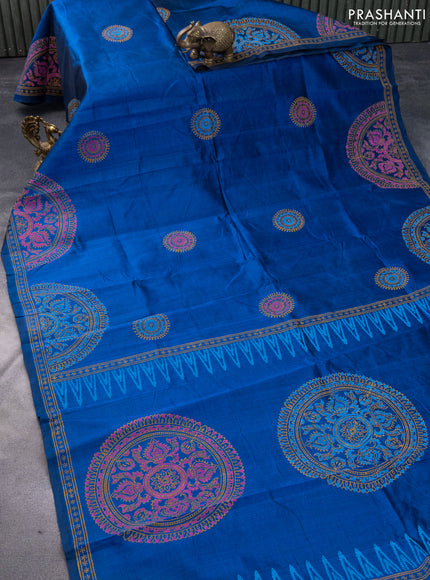 Silk cotton block printed saree peacock blue with butta prints and printed border