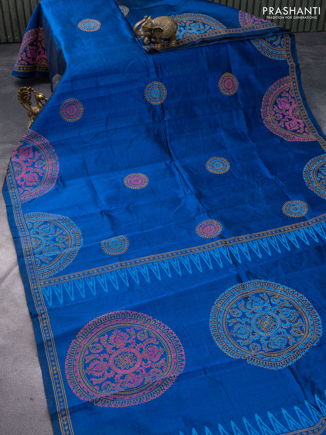 Silk cotton block printed saree peacock blue with butta prints and printed border