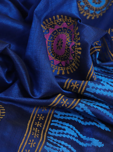 Silk cotton block printed saree peacock blue with butta prints and printed border