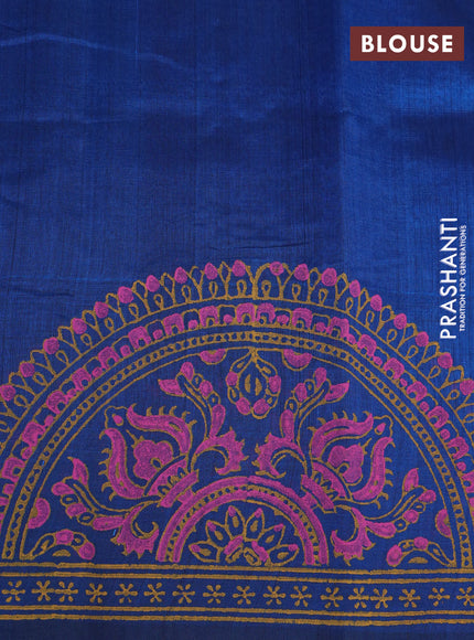 Silk cotton block printed saree peacock blue with butta prints and printed border