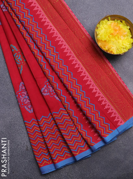 Silk cotton block printed saree red and cs blue with butta prints and printed border