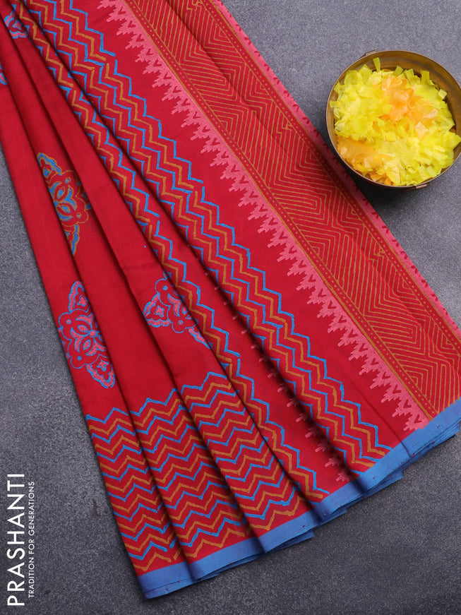 Silk cotton block printed saree red and cs blue with butta prints and printed border