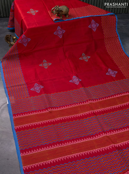 Silk cotton block printed saree red and cs blue with butta prints and printed border