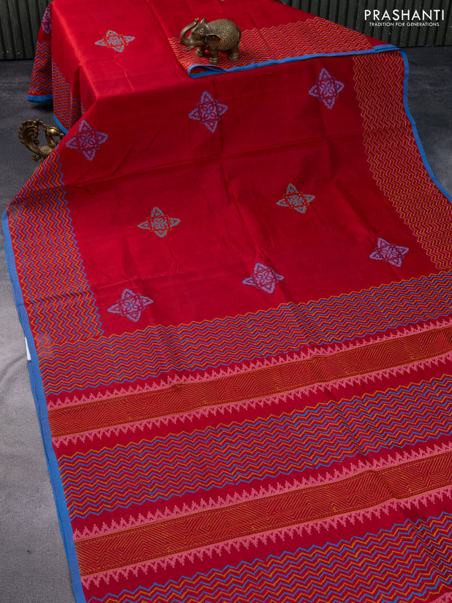 Silk cotton block printed saree red and cs blue with butta prints and printed border