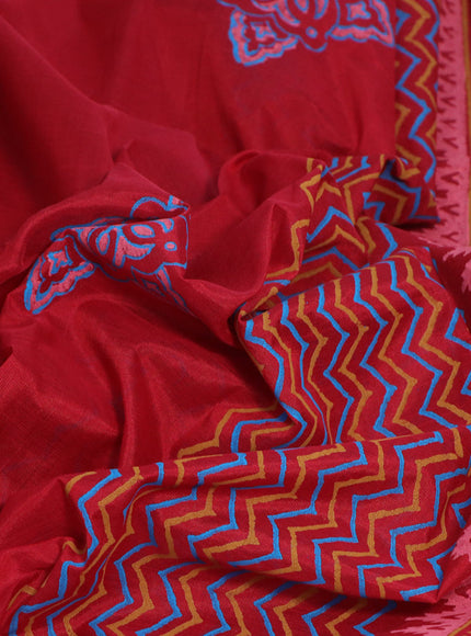 Silk cotton block printed saree red and cs blue with butta prints and printed border