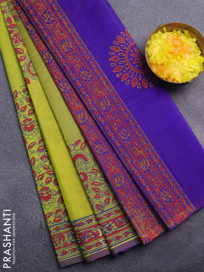 Silk cotton block printed saree lime green and blue with allover prints and printed border