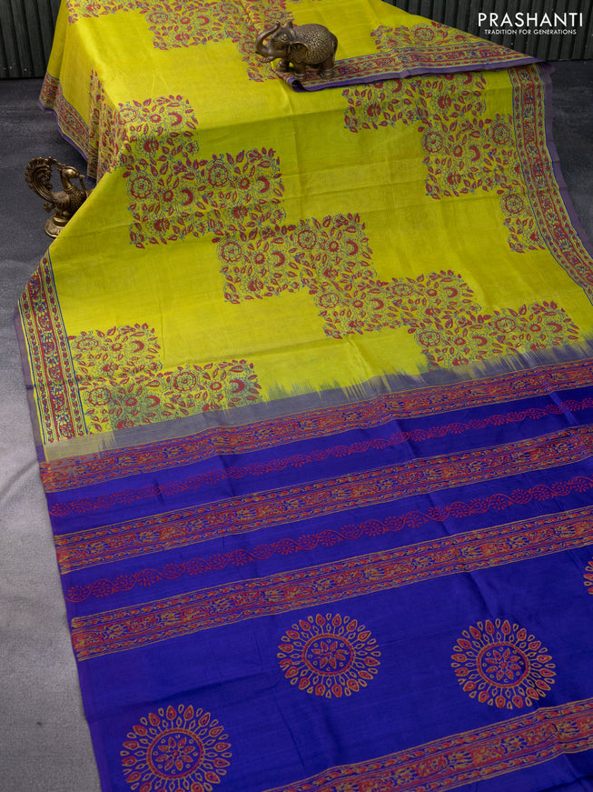 Silk cotton block printed saree lime green and blue with allover prints and printed border