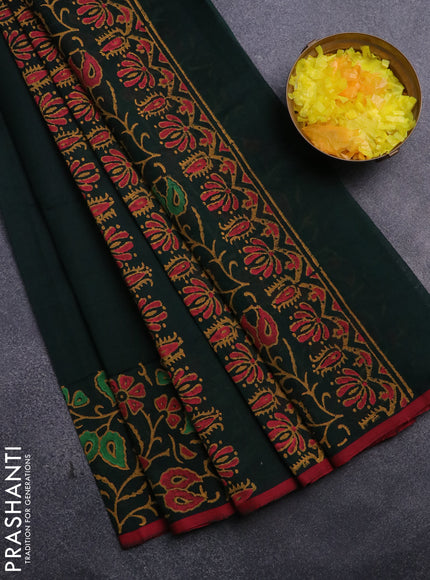 Silk cotton block printed saree dark green and red shade with floral butta prints and printed border