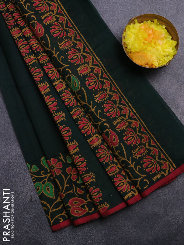 Silk cotton block printed saree dark green and red shade with floral butta prints and printed border