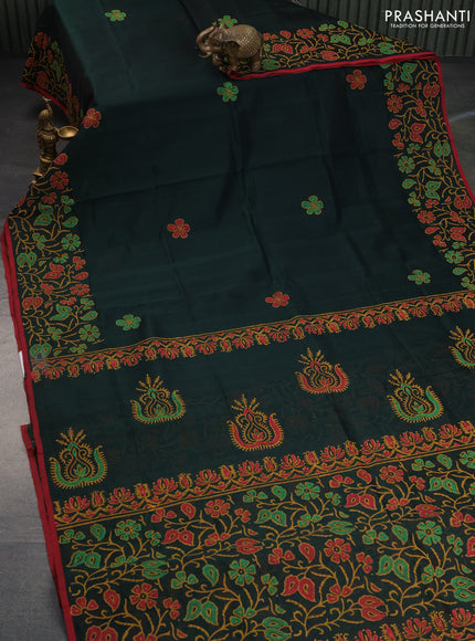 Silk cotton block printed saree dark green and red shade with floral butta prints and printed border