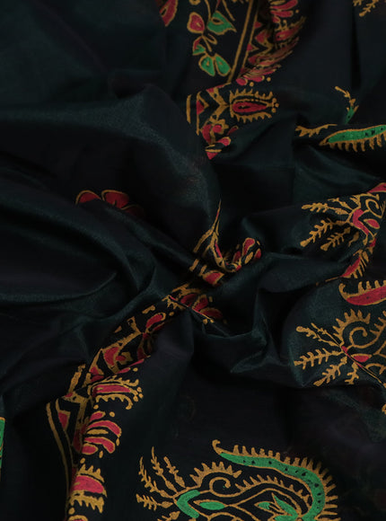 Silk cotton block printed saree dark green and red shade with floral butta prints and printed border